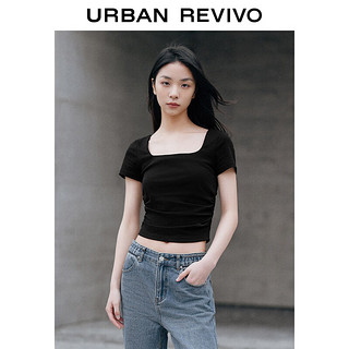 URBAN REVIVO 女士纯欲交叉挖空收褶短款修身T恤衫 UWG440062 正黑 L