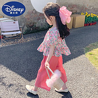 Disney 迪士尼 女童套装夏季2024新款网红洋气时髦夏款衣服女宝宝短袖儿童装夏装 玫红色 90cm(90cm)