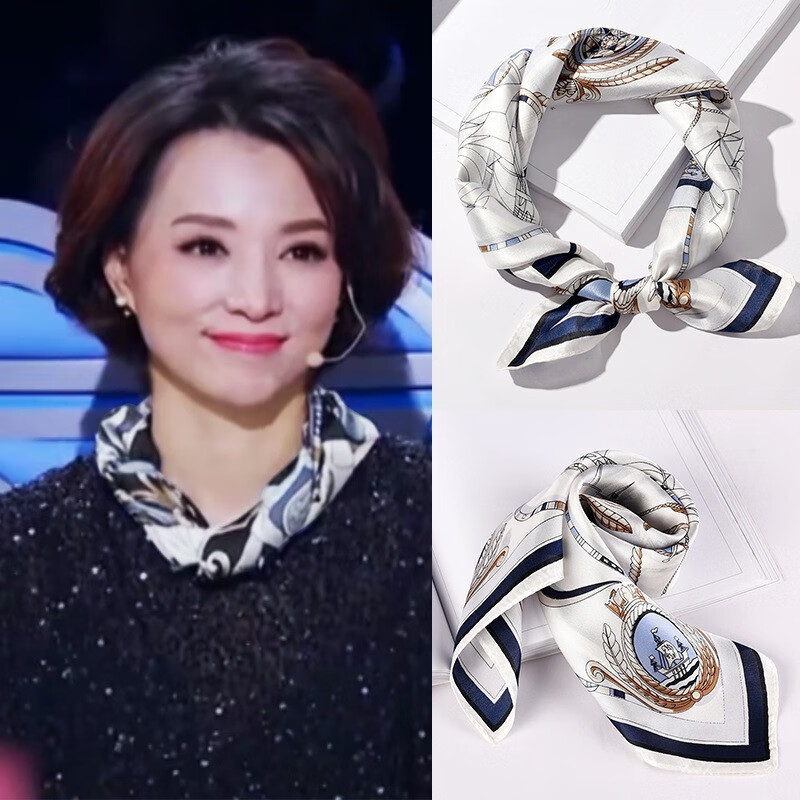安妮洁欣100%真丝丝巾女春秋季围巾围脖百搭发带时尚装饰小方巾职业领巾 渔人堡白 53*53cm