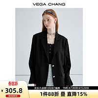 VEGA CHANG黑色西装女2024年春季时髦喇叭袖设计小个子短外套 简约黑 S