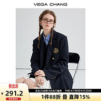 VEGA CHANG学院风西装女2024年春季千鸟格刺绣胸章西服上衣 深藏青 M