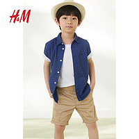 H&M 童装男童衬衫夏季纯棉短袖刺绣图案正装折领休闲上衣0930483 海军蓝/波点 100/56