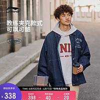 LI-NING 李宁 牛仔上衣款开衫水洗牛仔外套2024春季刺绣翻领运动服AJDU235 蓝牛仔-1 L