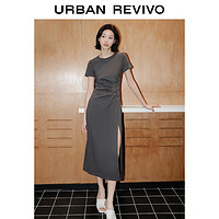 URBAN REVIVO UR预售2024夏季新款女装简约收褶开衩圆领修身显瘦连衣裙UWJ740014 深灰 S