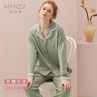 manza 玛伦萨 纯棉坑条针织甜美风花边拼接英文睡衣女柔软透气女士家居服