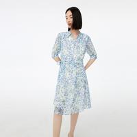 LILY丽丽 春季气质仙气浪漫印花女神范复古五分袖衬衫连衣裙
