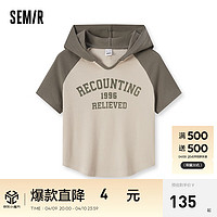 森马（Semir）短袖T恤女短款连帽插肩袖2024夏修身上衣复古 绿白色调00341 160/84A/M