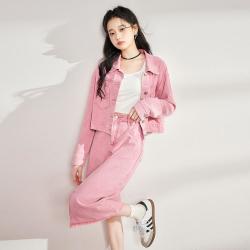 westlink西遇经典复古粉色牛仔套装女休闲夏季高级感短款开衫搭半身长