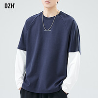 DZH 男士假两件t恤男长袖纯棉2024新款春季插肩袖上衣蓝色打底衫男款