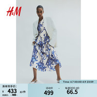 H&M女装裙子2024夏季女士休闲时尚简约舒适单肩连衣裙1220147 奶油色/蓝色图案 155/76A