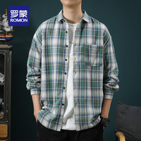 罗蒙(ROMON)男士翻领长袖格纹休闲装衬衫2024春季时尚百搭中青年上衣 绿色 XL(115-135斤)