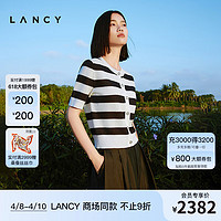 朗姿/LANCY2024夏季蓝白粗条纹短袖针织开衫撞色修身短款薄上衣女 白色 S