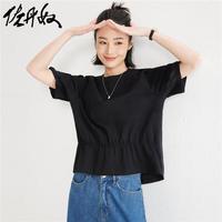 佐丹奴T恤女装针梭织拼接圆领插肩短袖T恤 18324209 09黑 S