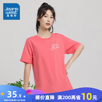 真维斯女装2024春季 时尚印花纯棉舒适平纹布圆领短袖T恤JW 李红色8290 155/80A/S