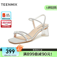 天美意凉鞋女粗跟细闪条带舒适通勤高跟鞋2024夏KI002BL4 银色 34