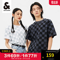 杰克·琼斯（JACK&JONES）男装夏季男士上衣舒适潮流休闲棋盘格宽松字母纯棉短袖T恤男 黑砂砾 175/96A/M