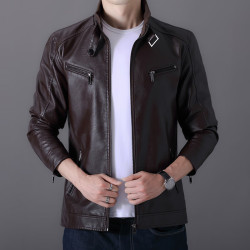 罗冠男士外套皮衣潮秋冬男装新款修身立领休闲帅气机车皮衣夹克