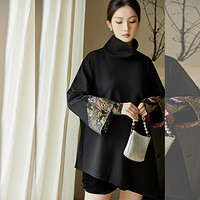 新中式外套上衣中国风女装复古唐装刺绣高领黑色显瘦套头宽松女装