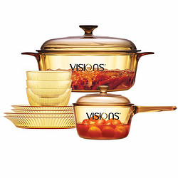 VISIONS 康宁 玻璃奶锅单柄1L+3.25L+琥珀色餐具7件套汤锅碗碟锅具套装