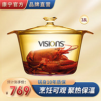 VISIONS 康宁 玻璃锅美国康宁双耳汤锅晶彩透明锅明火耐高温炖锅琥珀煲煮锅 3.8L养生锅 22.5cm