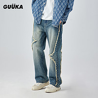黑卡会员：GUUKA 古由卡 潮牌水洗蓝色牛仔裤男 美式高街拼接毛边直筒裤宽松