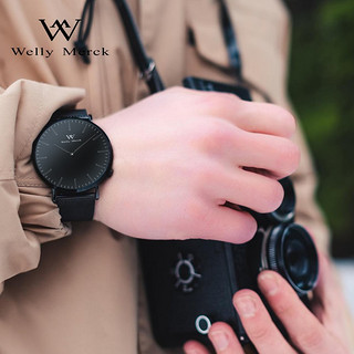 welly merck威利默克瑞士品牌手表男士手表超薄防水简约石英腕表 品牌男表-黑色男表钢带