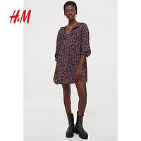 H&M 女装连衣裙春季女新款时尚宽松舒适梭织V领连衣短裙0919140 黑色/蓝色花朵 155/80A