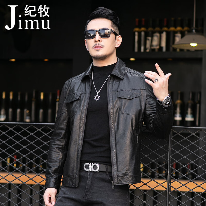纪牧（JIMU）海宁真皮皮衣男士油蜡山羊皮夹克韩版修身翻领短款外套潮 黑色 195/5XL