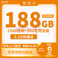 中国移动 新花卡 半年9元月租（188G全国流量+0.1元/分钟通话+归属地为收货地）