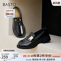 BASTO 百思图 春秋商场新款英伦通勤一脚蹬乐福鞋黑色粗跟女单鞋DC918CA3