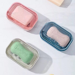 带盖肥皂盒可爱翻盖香皂盒收纳卫生间沥水吸盘浴室皂托旅 蓝色+粉色 