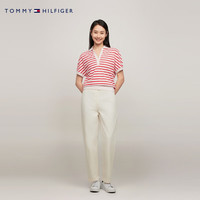 TOMMY HILFIGER24春夏女装莱赛尔微弹条纹宽松V字领短袖POLO衫76J4692 红白条纹44Q S (:100-110斤)