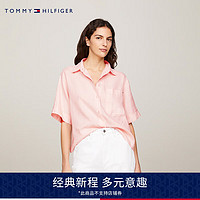 TOMMY HILFIGER24春季女装亚麻透气小绣标贴袋宽松落肩短袖衬衫41392 粉色TJQ 32 （XS）