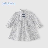 JELLYBABY宝宝复古裙子秋儿童新中式纯棉公主裙秋装女童连衣裙春秋 白底蓝花 110cm
