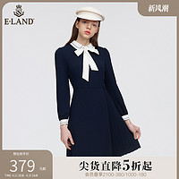 E·LAND 衣恋 Eland衣恋长袖连衣裙女藏青色显瘦蝴蝶结通勤职业裙子夏季