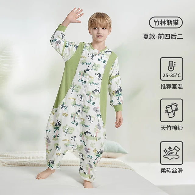 育爱儿童恒温分腿睡袋春秋中大童可拆袖防踢被子宝宝婴儿家居服睡袋 熊猫【夏款-前四后二】25-35℃ 衣长120码【适合115-135cm身高】
