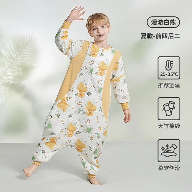 育爱儿童恒温分腿睡袋春秋中大童可拆袖防踢被子宝宝婴儿家居服睡袋 白熊【夏款-前四后二】25-35℃ 衣长90码【适合85-105cm身高】