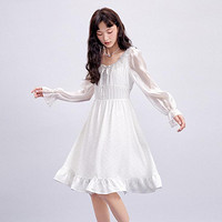 法式连衣裙春季女士收腰拼接纱白色短裙