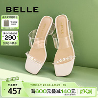 BeLLE 百丽 优雅粗跟一字带拖鞋女2024夏季新款鞋子透明高跟拖鞋A9B1DBT4