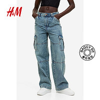 H&M 女装牛仔裤秋季新款宽松高腰直筒美式复古工装裤1198921 浅牛仔蓝 160/72A