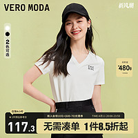 VERO MODA T恤女2024春夏新款学院风字母印花V领修身罗纹上衣