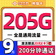 中国联通 熊猫卡 5个月9元（205G全国通用流量+200分钟全国通话）激活送20元E卡