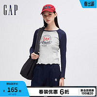 Gap 盖璞 女装2024春季logo撞色拼接插肩袖花边长袖上衣女友T888456 浅灰色 155/76A(XS) 亚洲尺码