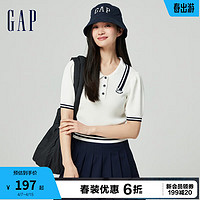 Gap 盖璞 女装春季2024LOGO撞色条纹泡泡袖翻领针织衫短上衣891736 象牙白 165/84A(M)亚洲尺码