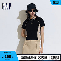 Gap 盖璞 女装2024夏季logo撞色拼接明线针织短袖T恤套头上衣889920 黑色 160/80A(S) 亚洲尺码