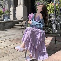 俪韵小屋秋冬气质连衣裙法式仙V领中长款吊带蛋糕女韩版海边度假 白色 M:95-115斤左右