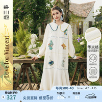 两三事梵高文艺 邮梦人 2024冬季油画印花撞色织带翻领连衣裙 杏色 S