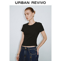 URBAN REVIVO UR2024夏季新款女装简约基础百搭修身正肩圆领短袖T恤UWG440056 正黑 S