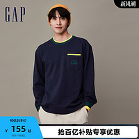 Gap 盖璞 男装春秋LOGO抓绒柔软套头长袖上衣宽松廓形撞色休闲T恤841255