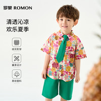 罗蒙夏季男童花衬衫领结衬衫套装痞帅中小童洋气短裤韩版两件套装 玫红 90cm